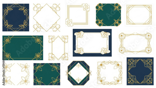 Various ornate gold frames on green and blue backgrounds are arranged.
