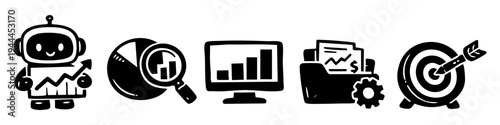 Hand-drawn black and white doodle icon set featuring a robot, data charts, magnifying glass, folder, and target bullseye for business analytics, AI, and marketing concepts.