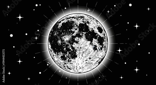 Vintage Engraving Style Full Moon with Glowing Rays and Stars. Detailed Cosmic Night Sky Illustration.