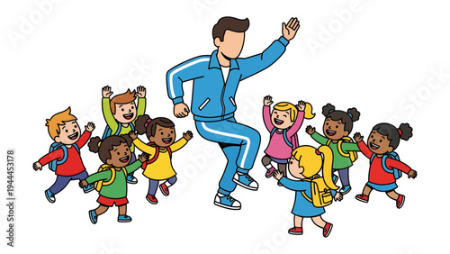 Cheerful Exercise: A fitness instructor leads a group of children in a dynamic workout, embodying the spirit of wellness and activity.