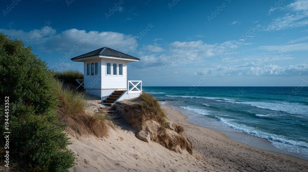 Fototapeta premium Serene Coastal View of a Beach House Overlooking the Ocean Shoreline