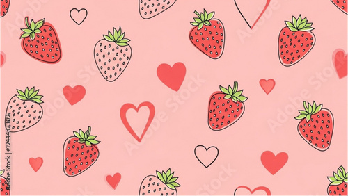 A sweet pattern of strawberries and hearts on a pink background with food and love theme illustrations.