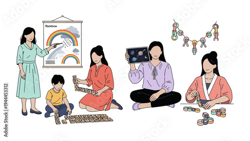 Creative learning with child: Diverse images of individuals in a learning atmosphere and children playing. The illustration captures a moment of learning, showcasing interactive tools and resources