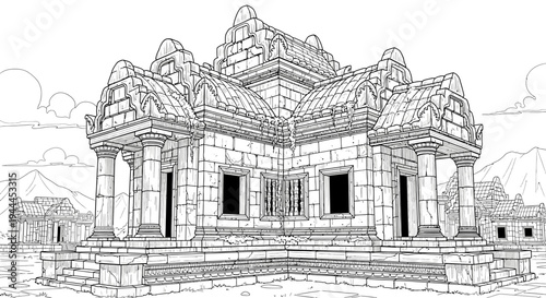 Detailed Line Art Illustration of an Ancient Stone Temple. Traditional Historic Architecture Ruins in Black and White Drawing.