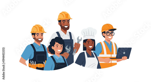 Smiling Diverse Professional Tradespeople and Essential Workers Group Vector. Construction, Mechanic, Chef, Engineer Careers Illustration.