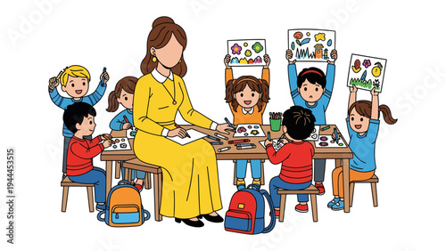 Classroom Art Showcase: A warm classroom scene, where a teacher and her students are engaged in art activities. Each child proudly displays their colorful artwork.