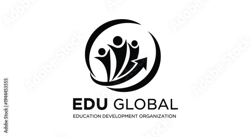 A circular logo featuring people raising arms representing growth and collaboration with text edu global silhouette high quality professional detailed