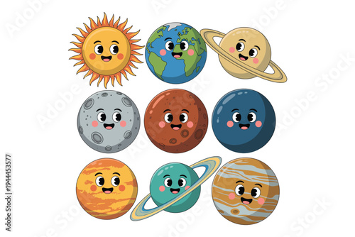 Charming cartoon depiction of the sun and planets with smiling faces ideal for educational resources on transparent background high-quality professional.