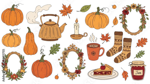 Autumn scene with pumpkins, kettle, and pie on a table indoors