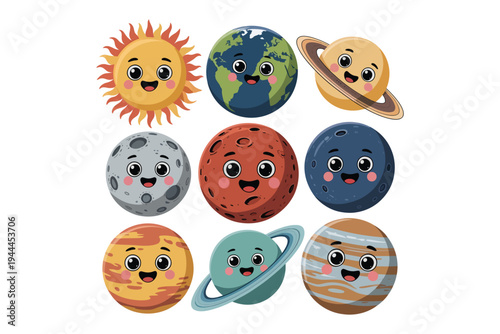 Charming cartoon depiction of the sun and planets with smiling faces ideal for educational resources on transparent background high-quality professional.