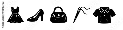 Set of hand-drawn black silhouette fashion icons including a dress, high-heel shoe, handbag, sewing needle, and polo shirt, isolated on a white background for design projects.