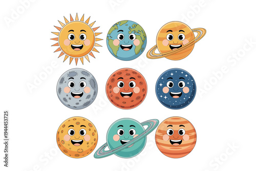 Charming cartoon depiction of the sun and planets with smiling faces ideal for educational resources on transparent background high-quality professional.