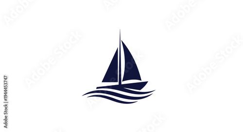 A minimalist dark blue silhouette of a sailboat with sails unfurled, gracefully gliding on stylized waves against a clean white background.