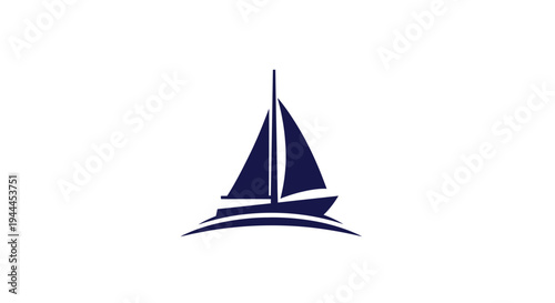 A minimalist dark blue silhouette of a sailboat with a tall mast and full sails, gracefully gliding over a curved line representing water, on a clean white background.
