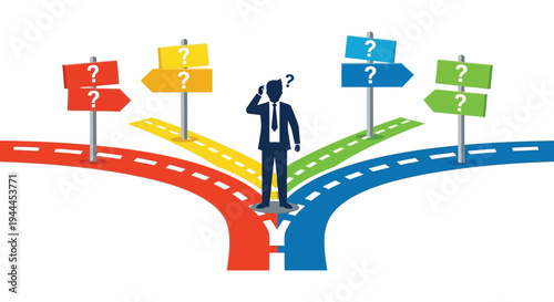A business professional contemplates multiple directional paths represented by question mark arrows a striking silhouette high quality detailed modern elegant stylish