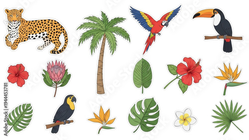 Vibrant jungle scene with a leopard, toucan, and macaw amidst tropical plants.