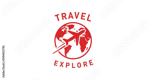 A minimalist red logo featuring a stylized airplane circling a globe, with the words 'TRAVEL' above and 'EXPLORE' below, set against a clean white background.