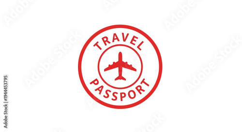Red circular travel passport stamp icon with an airplane symbol in the center on a white background, representing global travel and international journeys.