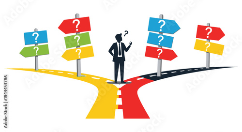 A businessperson contemplates multiple paths indicated by question mark signs facing a fork in the road silhouette high quality professional detailed