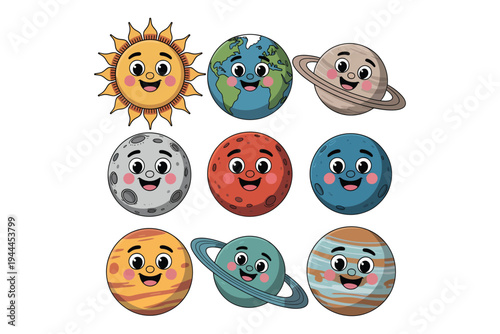 Charming cartoon depiction of the sun and planets with smiling faces ideal for educational resources on transparent background high-quality professional.