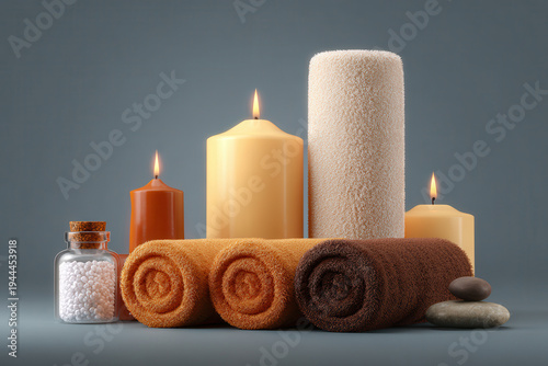 Spa Still Life with Rolled Towels, Candles and Zen Stones Relaxation Wellness Concept