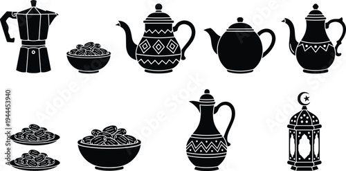 Ramadan tea pots, Arabic dallah, coffee pot, dates bowls and lantern silhouettes collection, traditional Islamic drinkware and Ramadan Kareem decorative icon set.