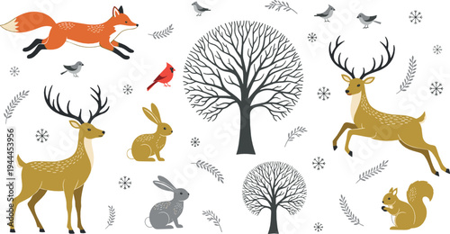 Winter Forest Animals Collection with Deer, Fox, Rabbit and Snowy Trees Vector Illustration Set
