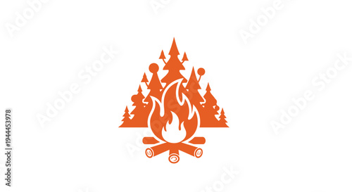Orange silhouette illustration of a campfire with logs and pine trees, symbolizing outdoor adventure and nature.