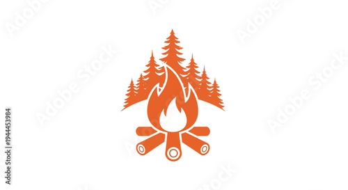 Orange silhouette logo featuring a campfire with logs and pine trees in the background, symbolizing outdoor adventure and nature.