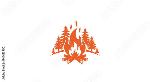Stylized orange illustration of a vibrant campfire burning logs, surrounded by tall pine trees, set against a clean white background, evoking a sense of outdoor adventure and warmth.