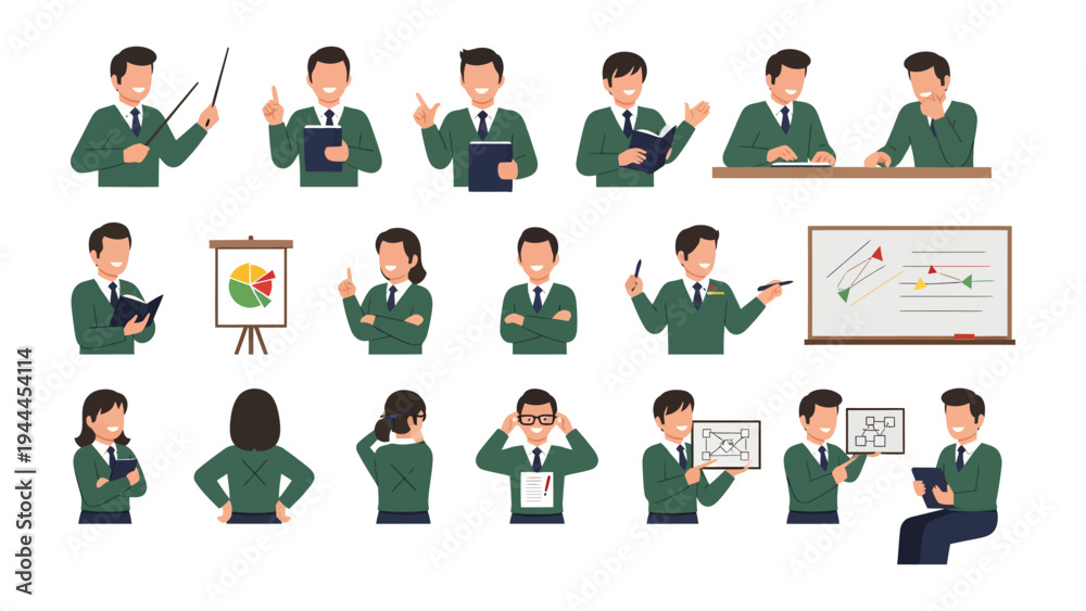 Fototapeta premium Business Presentations: A set of illustrations showcasing various professionals in diverse poses, with a range of presentation tools. 
