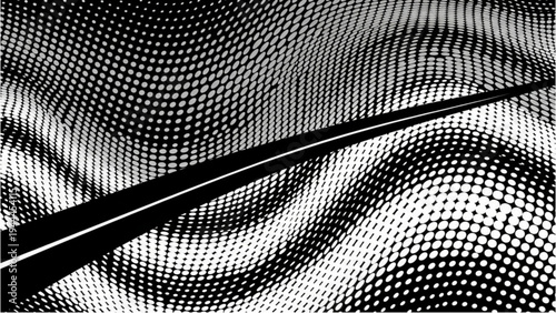Black and white halftone pattern with wavy lines and dots fills the scene.