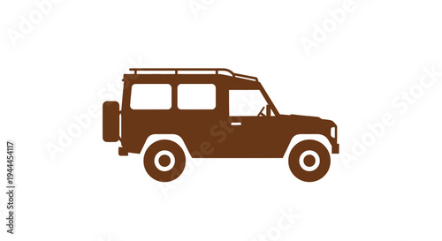 Stylized brown illustration of a classic off-road vehicle with a roof rack and rear-mounted spare tire on a white background.
