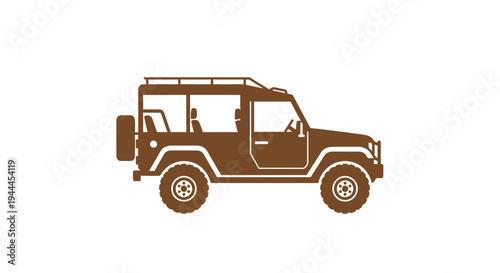 Brown silhouette of a classic off-road vehicle with a roof rack and spare tire, depicted in a minimalist graphic style.
