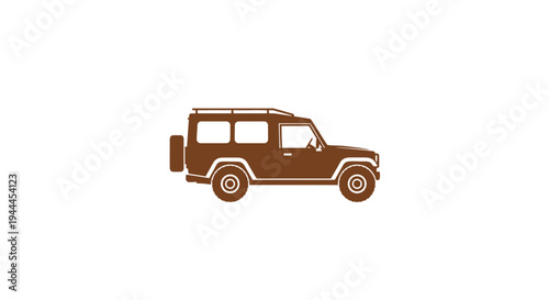 Stylized brown illustration of an off-road vehicle with a roof rack and spare tire, depicted in profile against a white background.