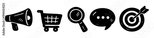 Set of hand-drawn black and white marketing icons including a megaphone, shopping cart, magnifying glass, speech bubble, and target. Perfect for business strategy and e-commerce designs.