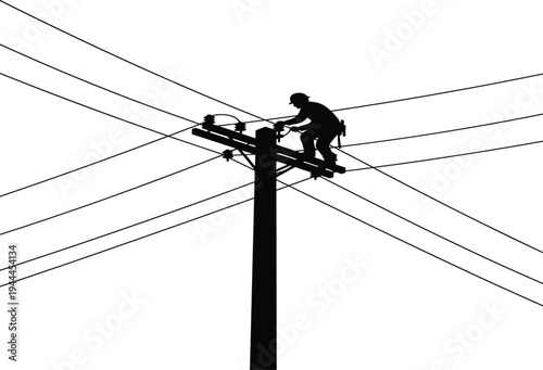 Silhouette of electrical lineman repairing overhead power lines on utility pole, technician maintaining electricity transmission cables and energy infrastructure network.
