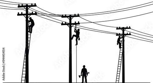 Silhouette of utility workers repairing electrical power lines on poles with ladders and safety ropes, electricity maintenance technicians servicing overhead power grid infrastructure.