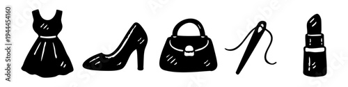 Set of hand-drawn fashion silhouettes including a dress, high heel shoe, handbag, needle with thread, and lipstick. Minimalist black icons for beauty and style design.