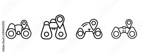 Binoculars location pin outline icon set featuring telescope map pointer, discovery navigation marker, sight destination position, finding route address more vector illustration or editable stroke.