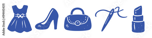 Set of hand-drawn fashion icons featuring a dress, high-heel shoe, handbag, sewing needle, and lipstick. Minimalist blue doodle style design elements for beauty, style, and apparel themes.