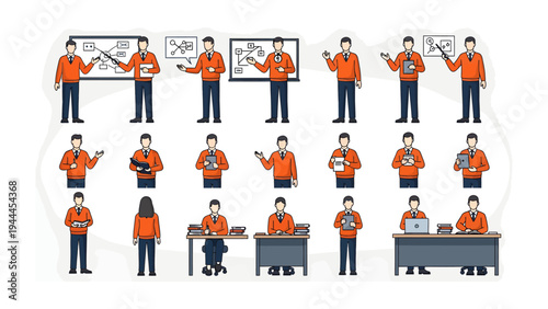 Business Presentation Collection: A comprehensive set of illustrations depicting various aspects of business and office work, including presentations, meetings, and individual tasks.