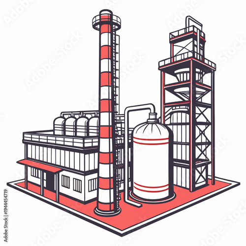 Industrial facility with smokestack and cylindrical tank