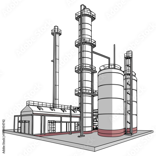 Industrial Plant with Cylindrical Tanks and Smokestacks