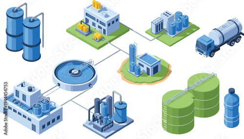 Isometric wastewater treatment and water supply infrastructure with purification tanks, filtration plant, storage reservoirs, pipeline network and tanker truck distribution