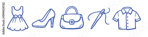 Collection of hand-drawn blue fashion icons including a dress, high-heeled shoe, handbag, sewing needle with thread, and a short-sleeved shirt on a white background.
