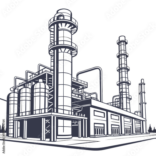 Industrial plant with smokestacks and cylindrical structures