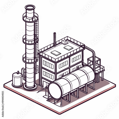 Industrial Plant with Cylindrical Tanks and Smokestack