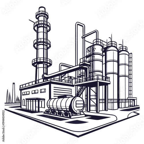 Industrial plant with smokestacks and cylindrical tanks