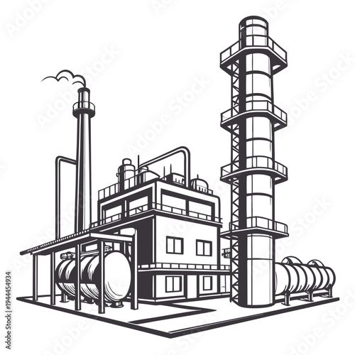 Industrial Plant with Smokestack and Cylindrical Tanks